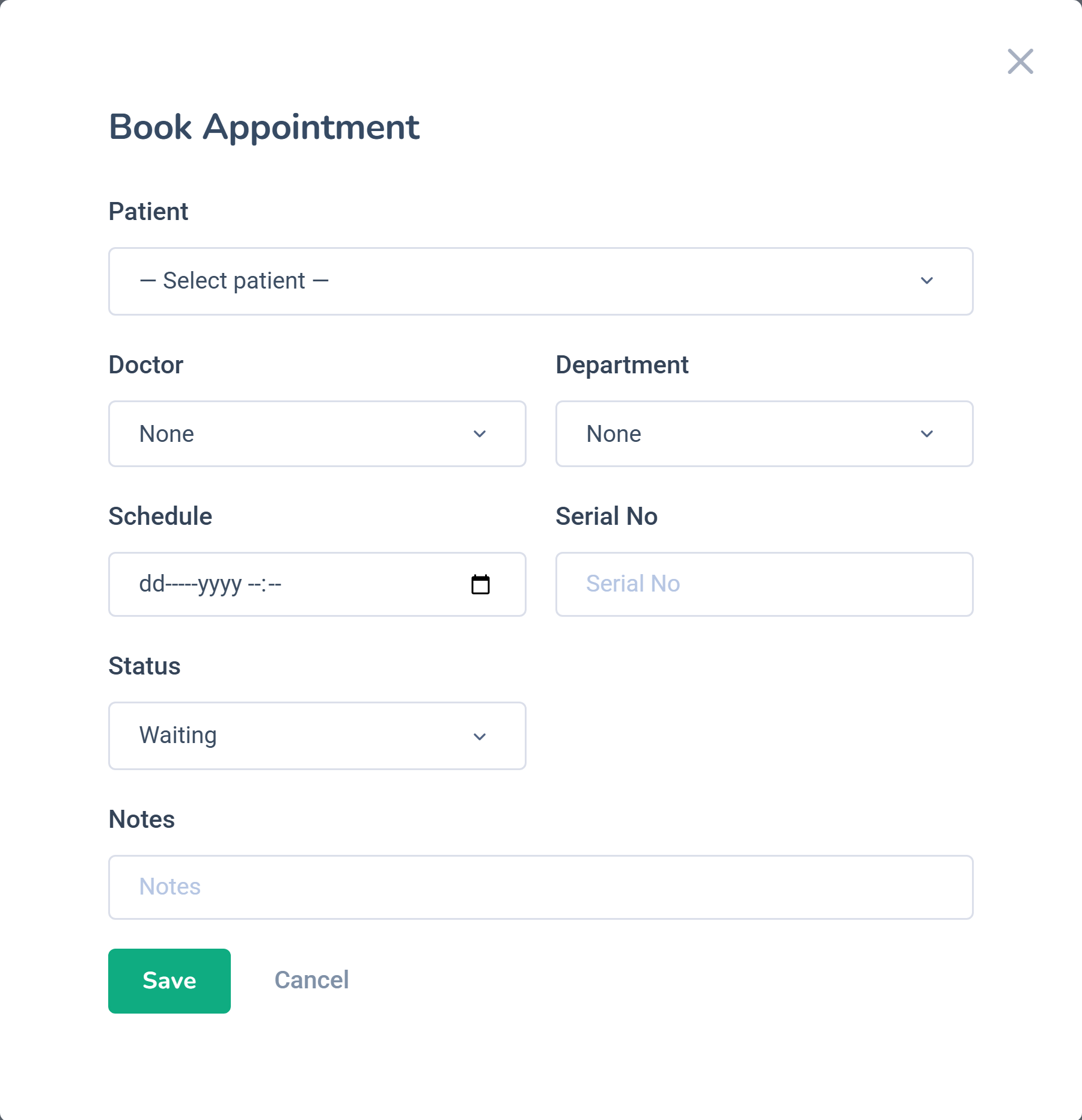 Dashlead book appointment modal with patient, doctor, department and schedule fields