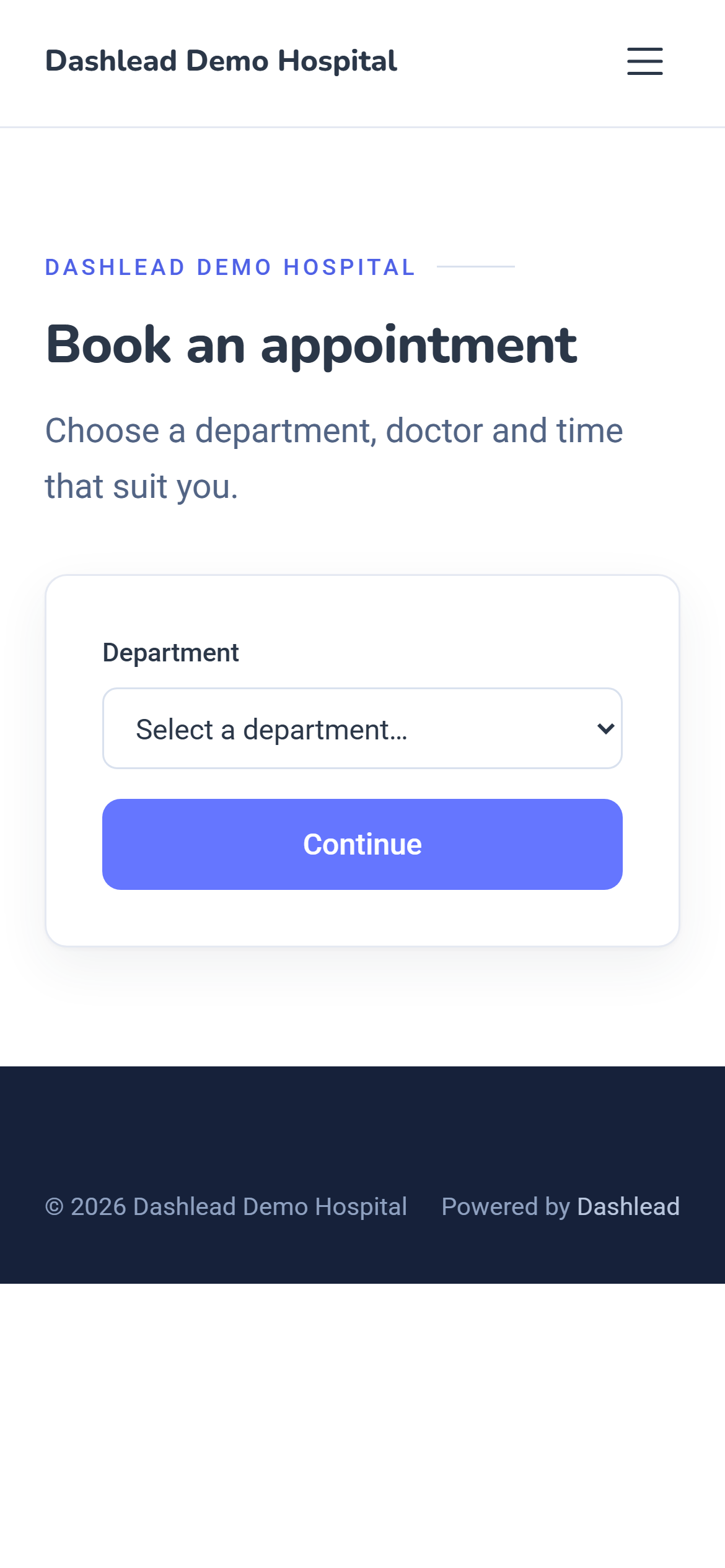Dashlead online appointment booking on a phone with department, doctor and time slots