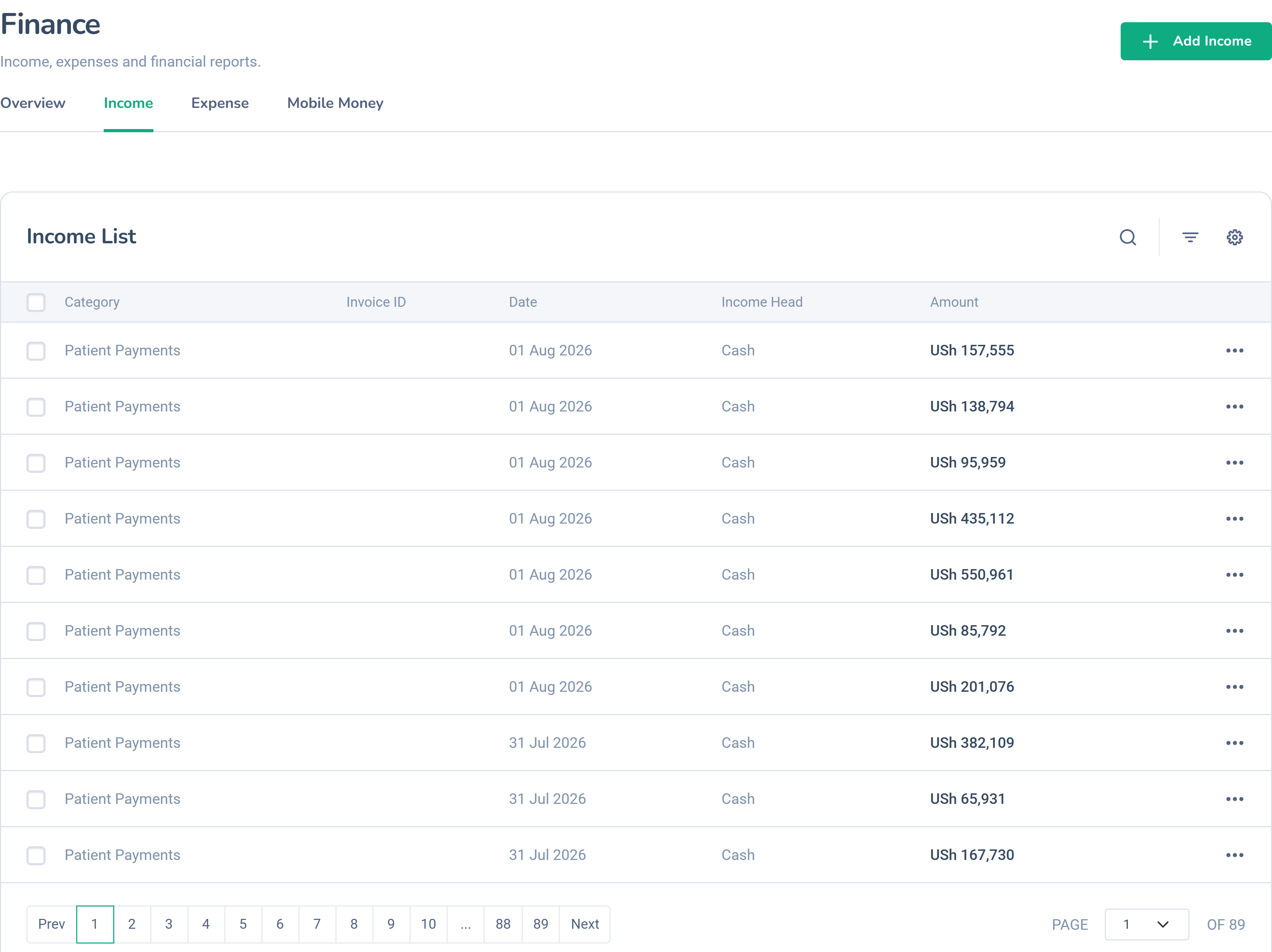 Dashlead hospital income report broken down by category and period