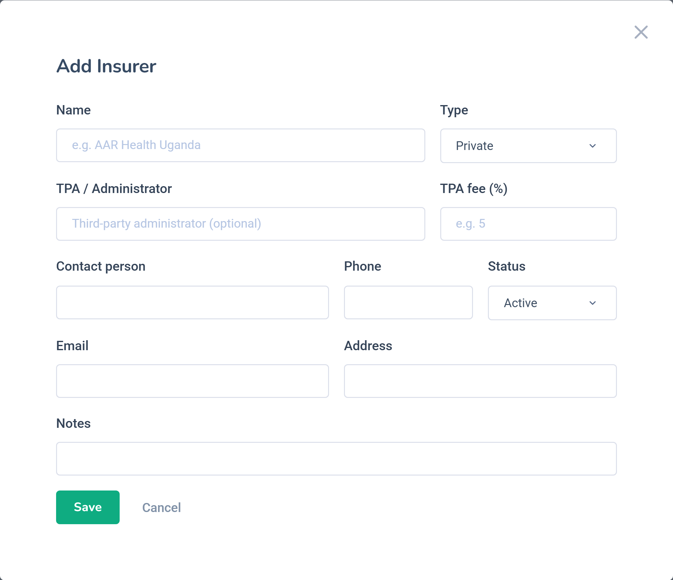 Dashlead add insurer modal with name, contact and TPA fee fields
