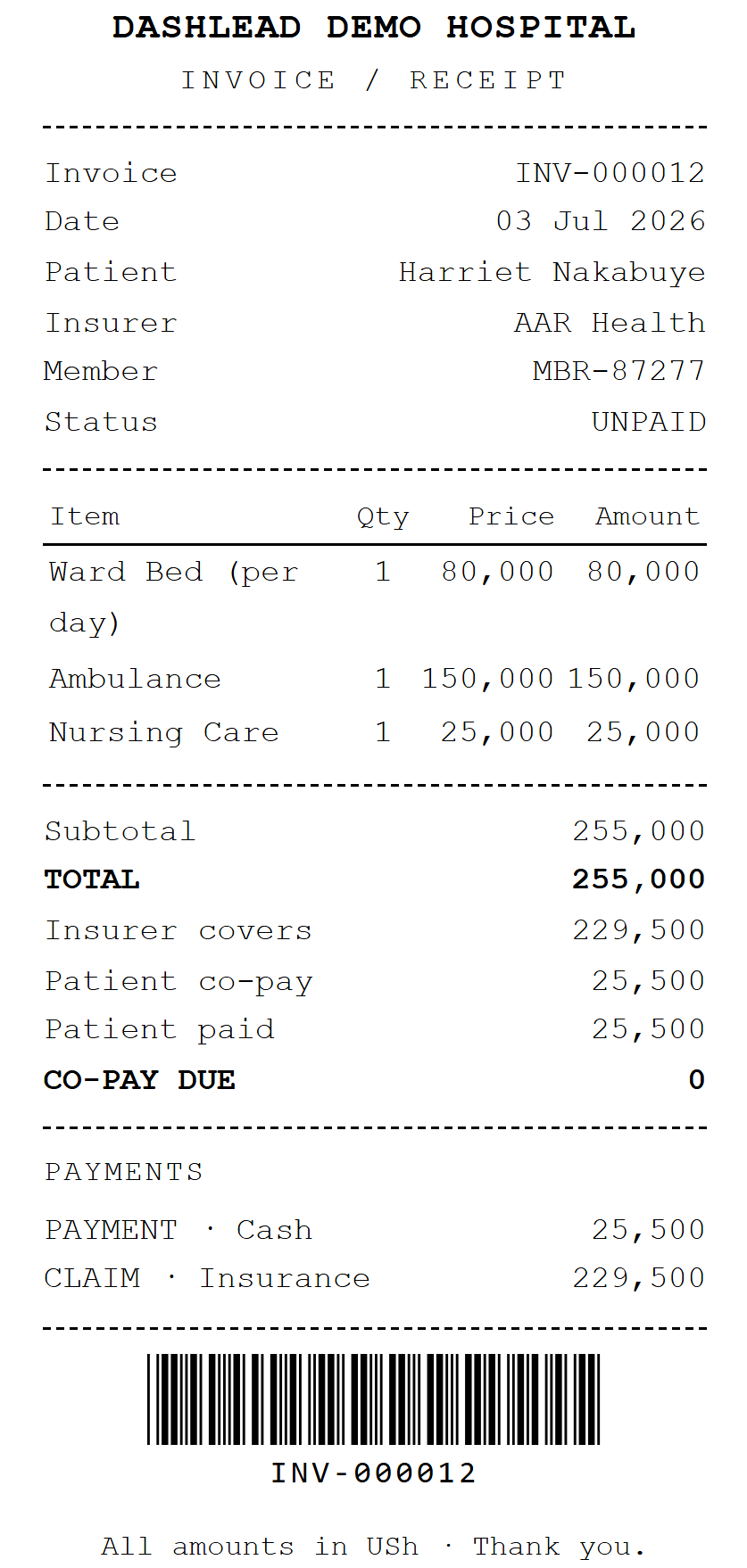Dashlead 80mm thermal receipt carrying the same invoice figures for the counter printer