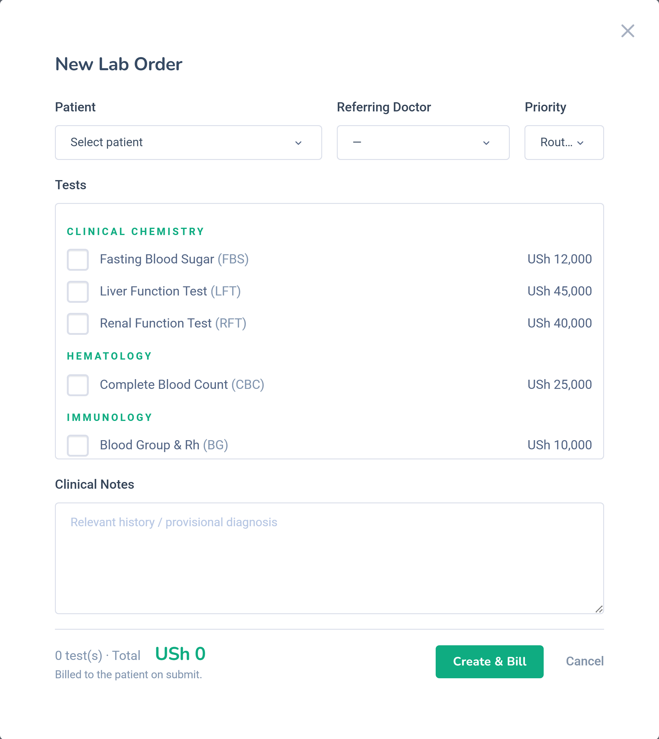 Dashlead new lab order modal with patient, priority and test selection