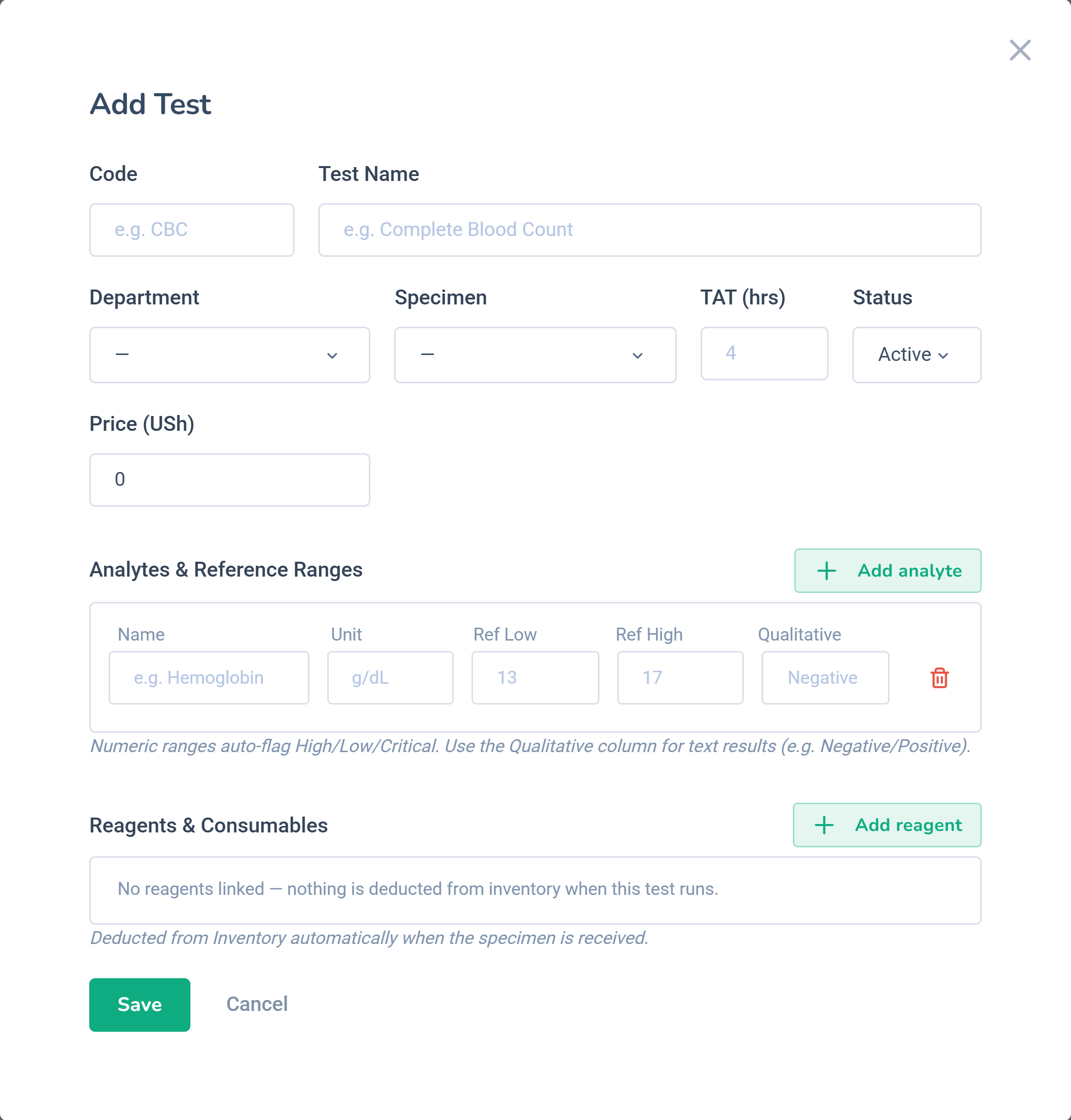 Dashlead add lab test modal with code, specimen type, price and reference range