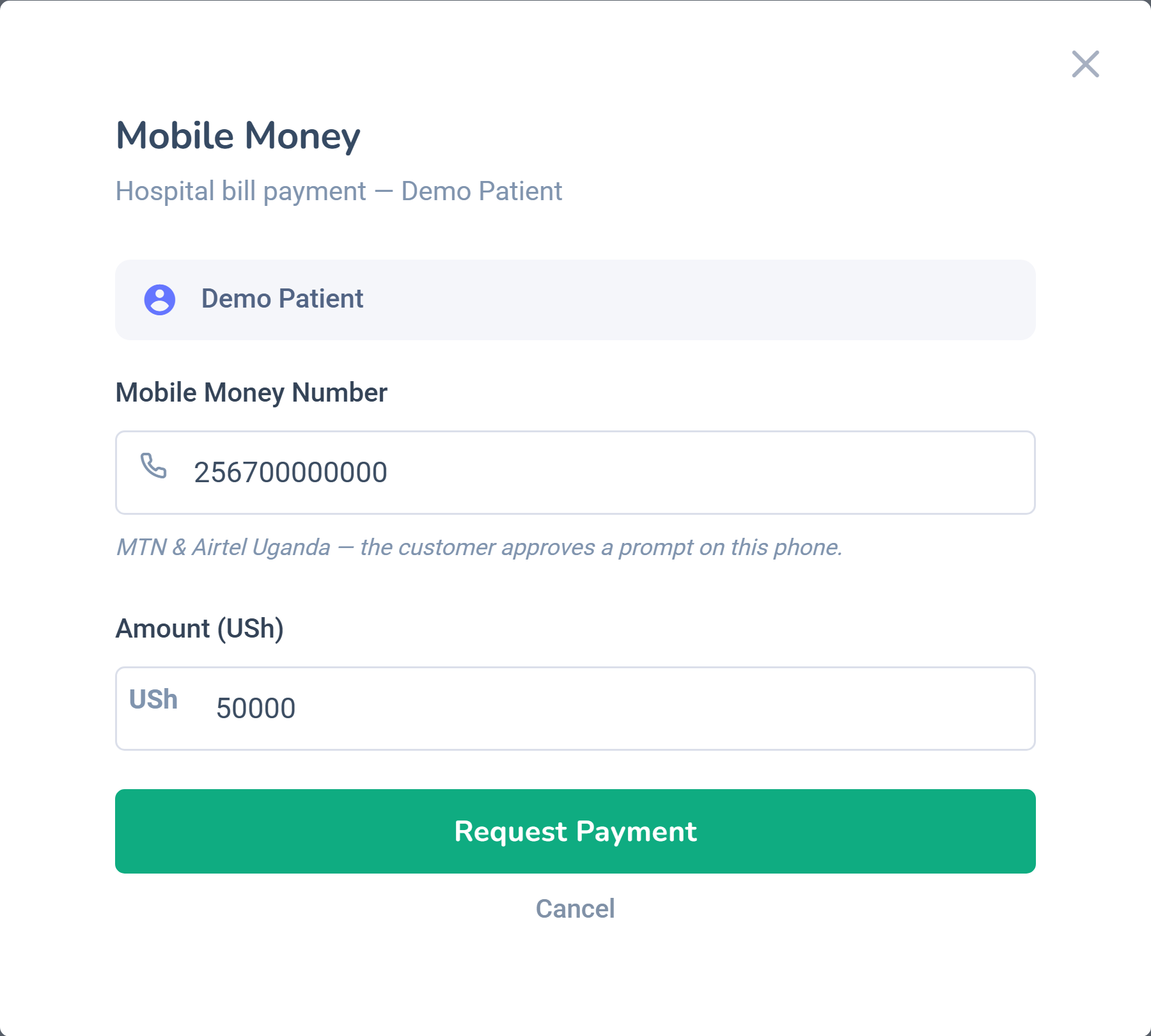Dashlead Mobile Money collection modal requesting payment approval on the patient phone