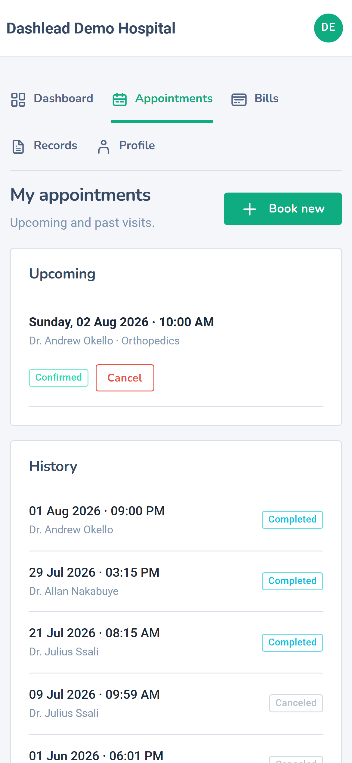 Dashlead patient portal appointments with QR check-in code