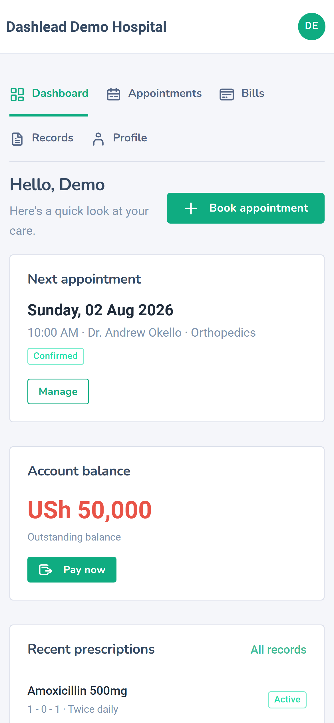 Dashlead patient portal on a phone: next appointment, balance and prescriptions