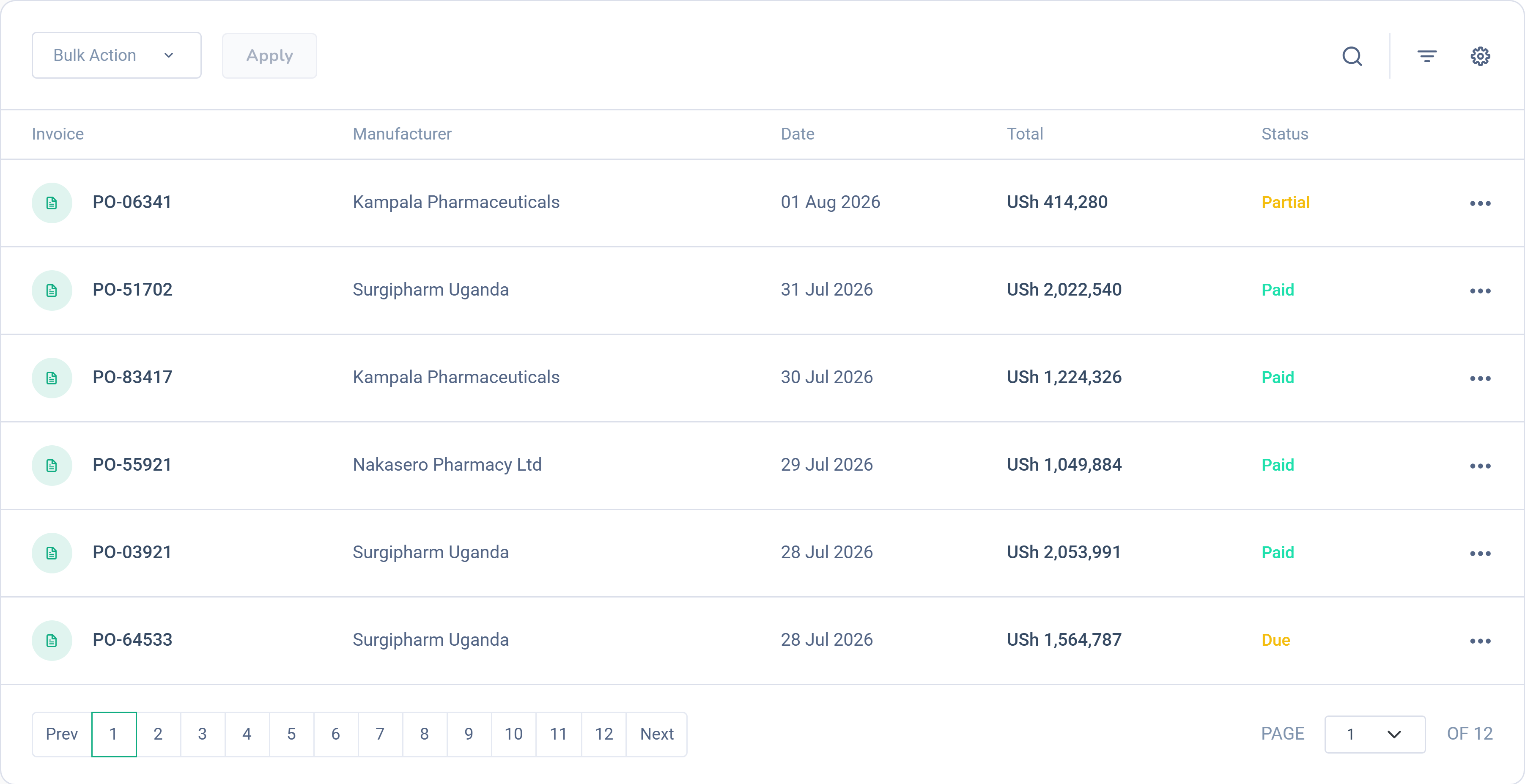 Dashlead purchase orders with supplier, amount and delivery status