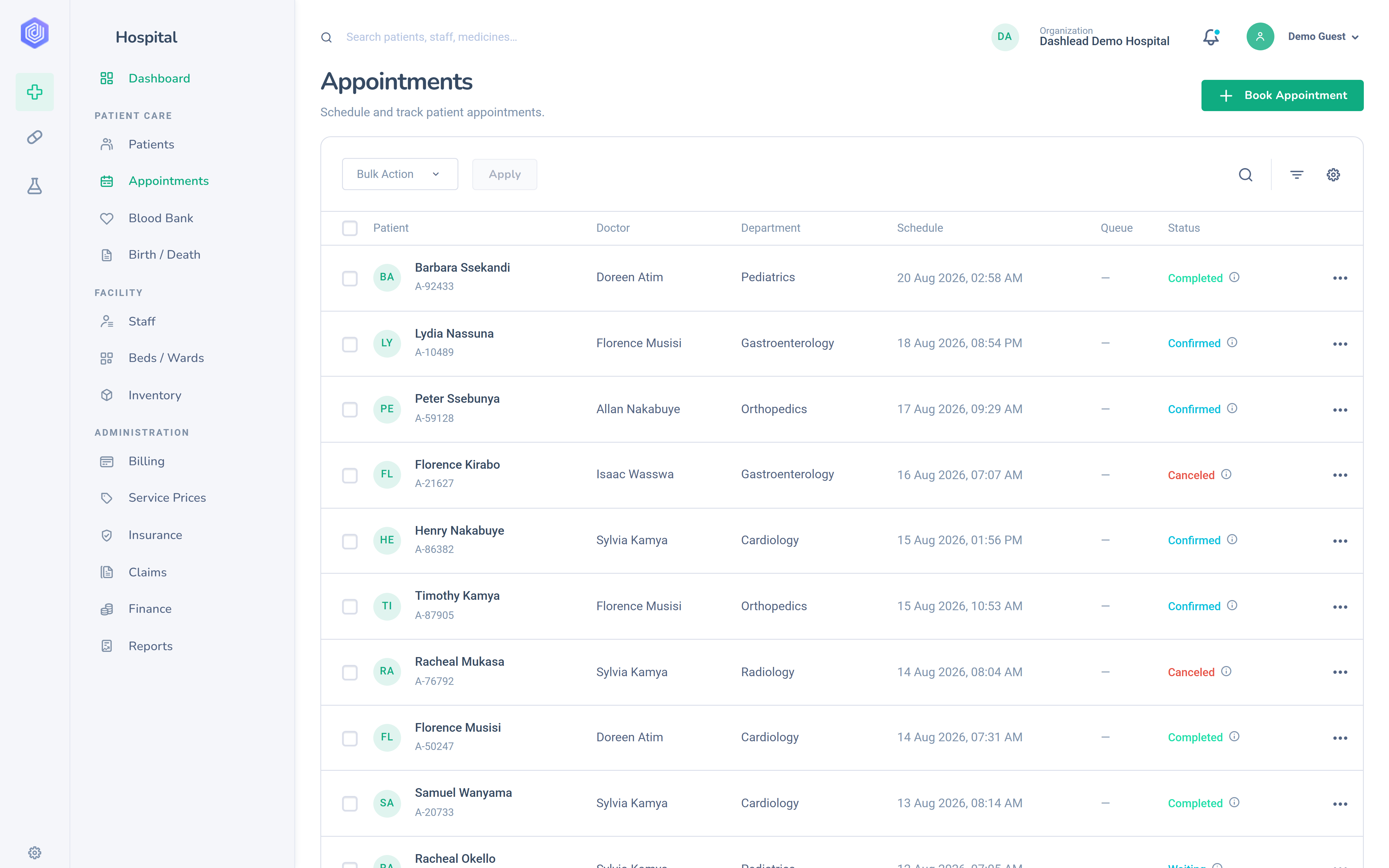 Dashlead patient portal appointments screen with a join-call button for a video consultation