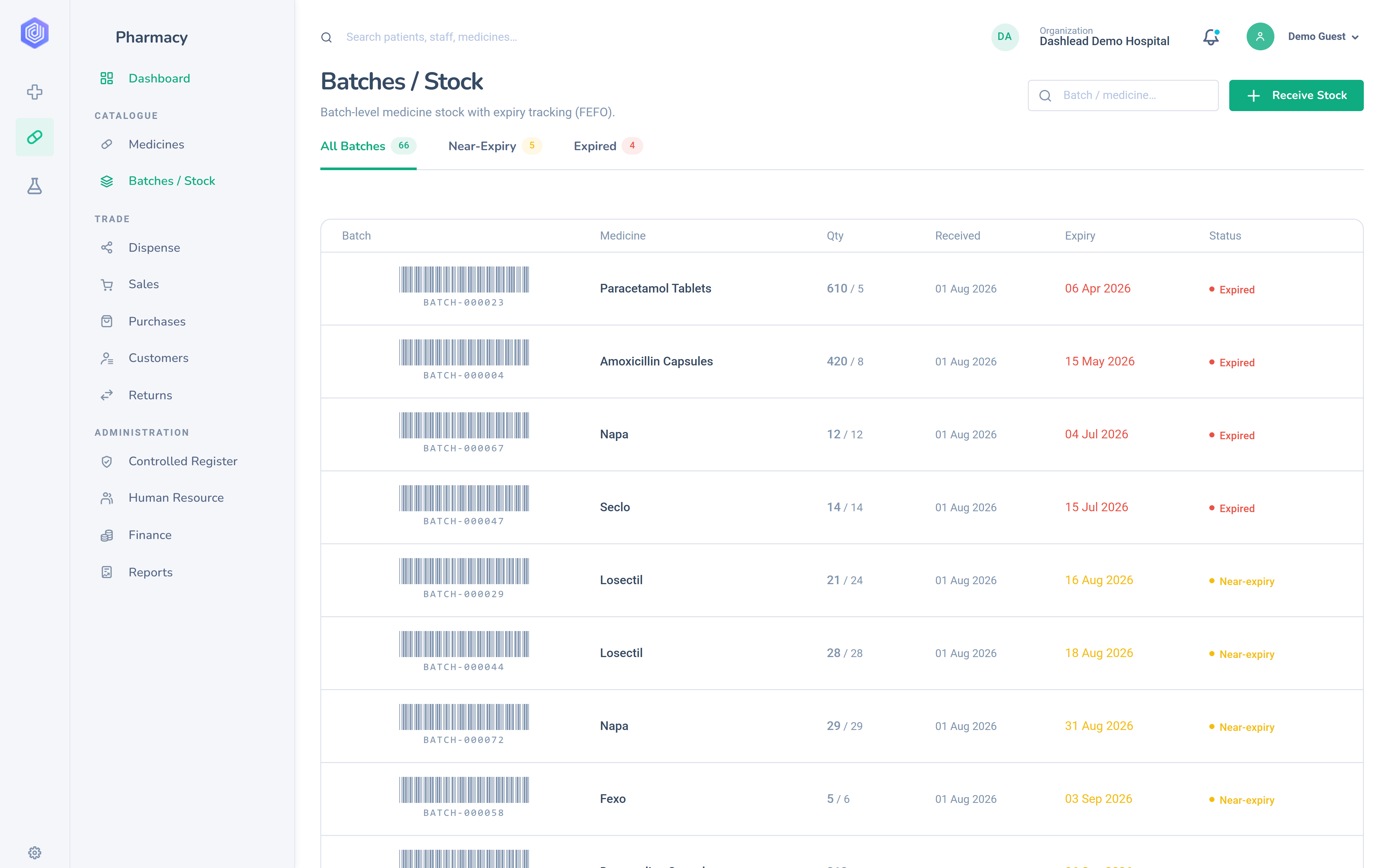 Dashlead batch stock screen with expiry dates and FEFO status per lot