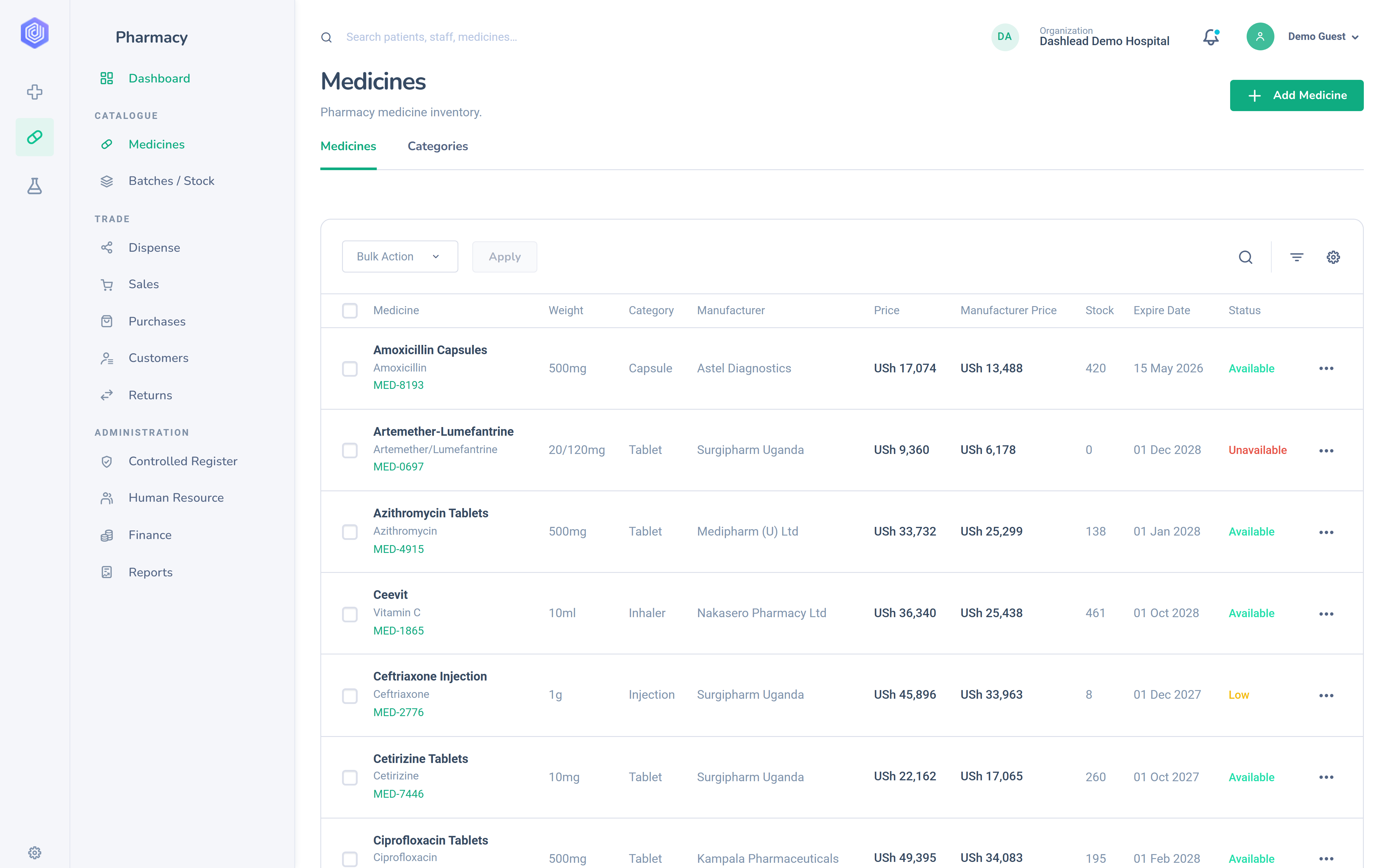 Dashlead medicine catalogue with live stock status per item