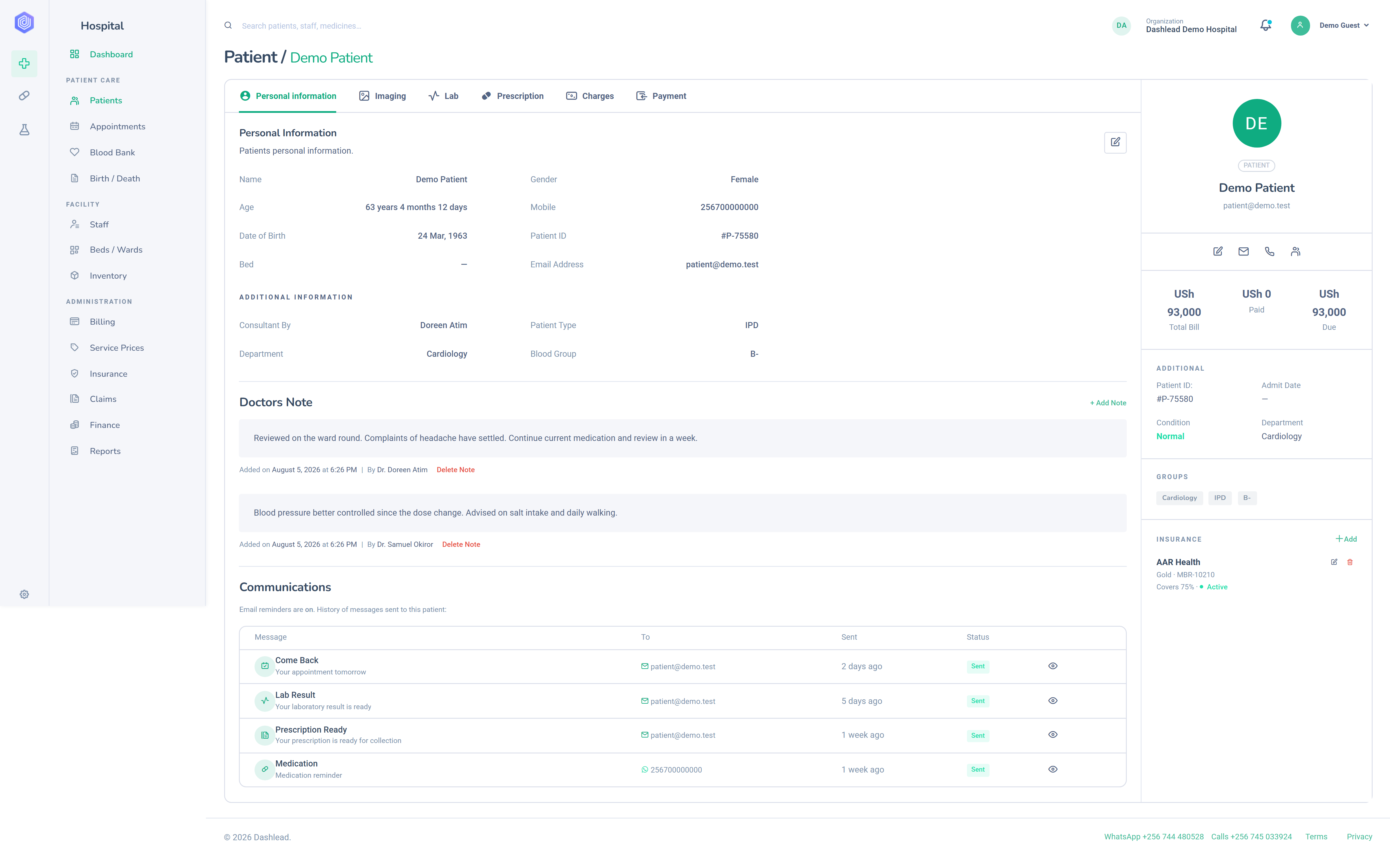 Dashlead communications log showing appointment reminders sent to a patient by email and WhatsApp