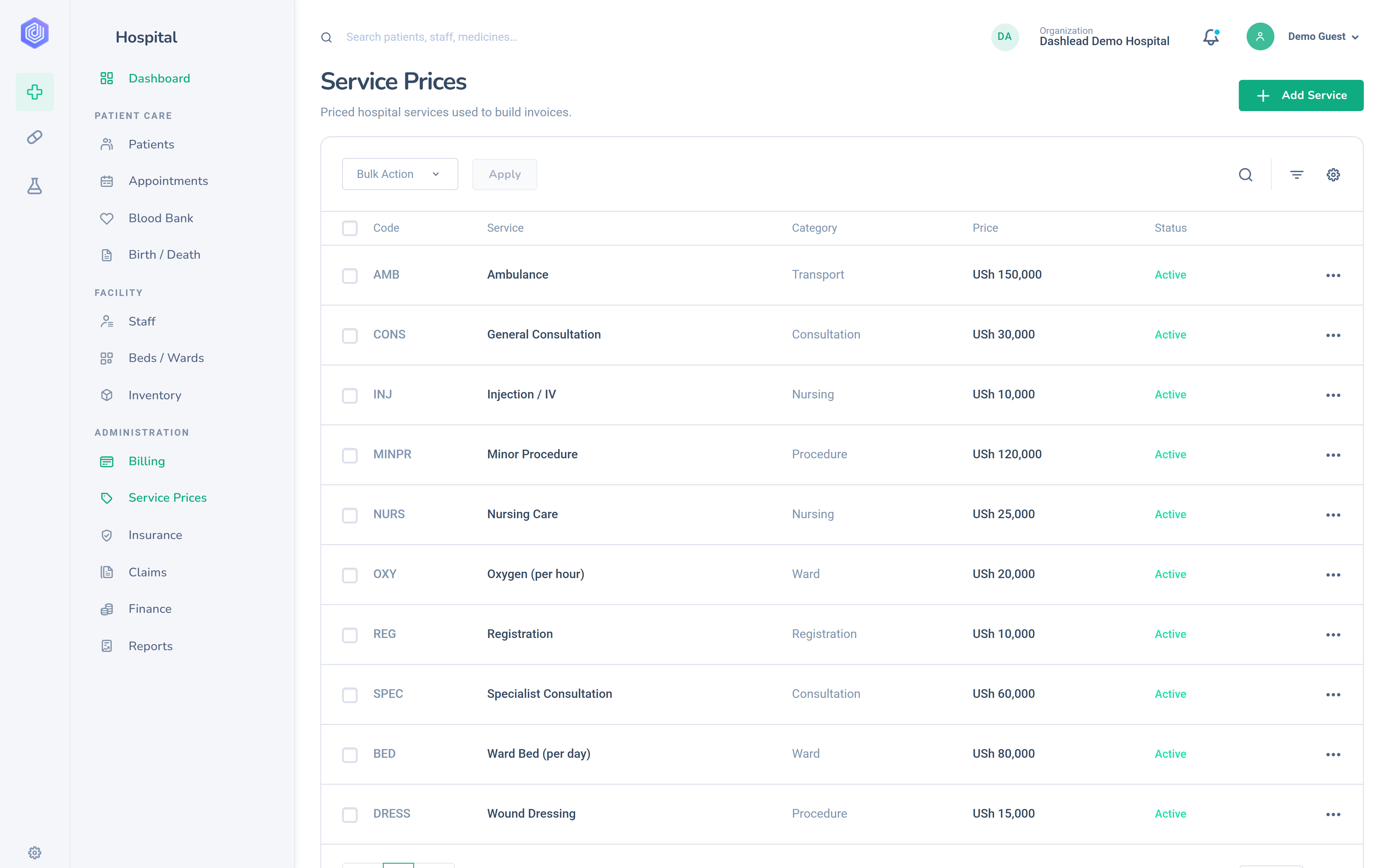 Dashlead service price list with every billable service, its category, code and price