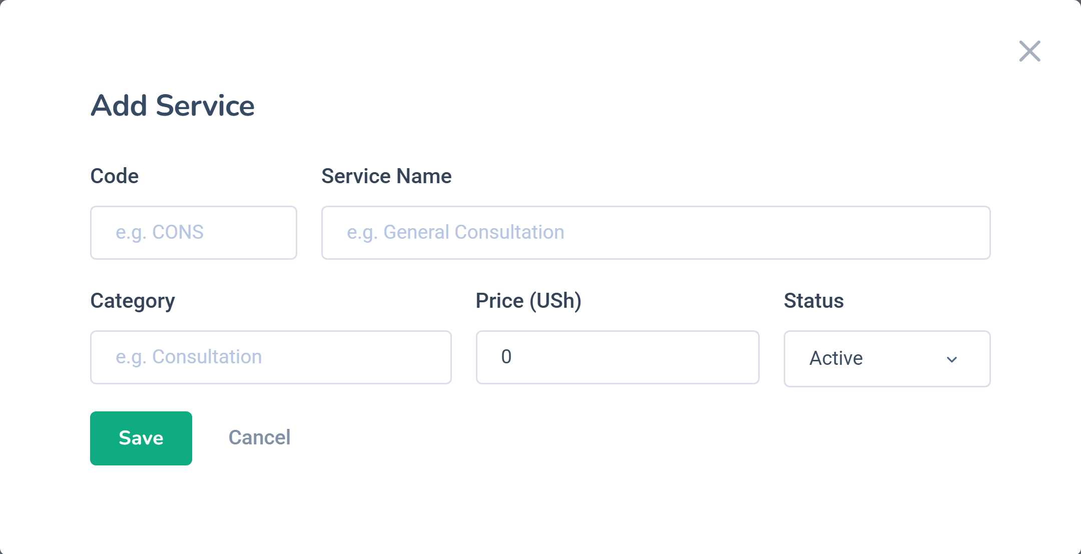 Dashlead add billable service modal with name, category, code and price